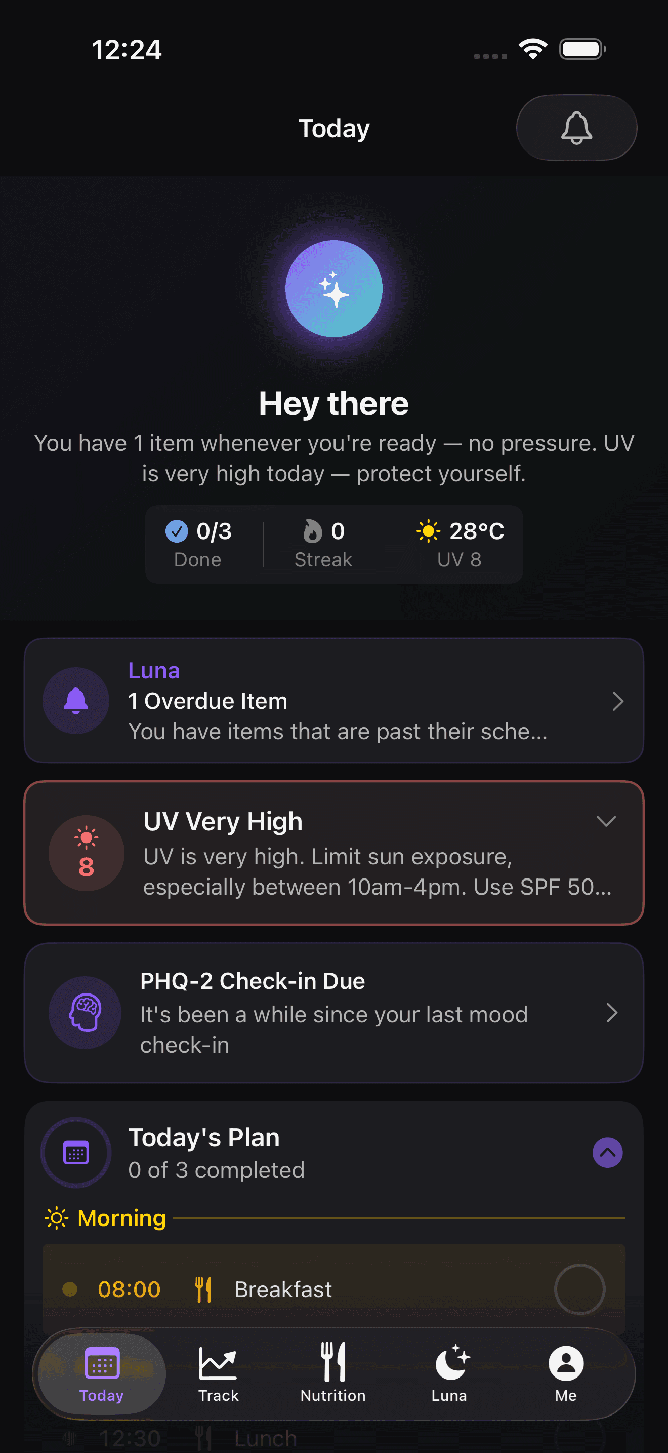 Today view — Luna greeting, daily schedule, and medication tracking