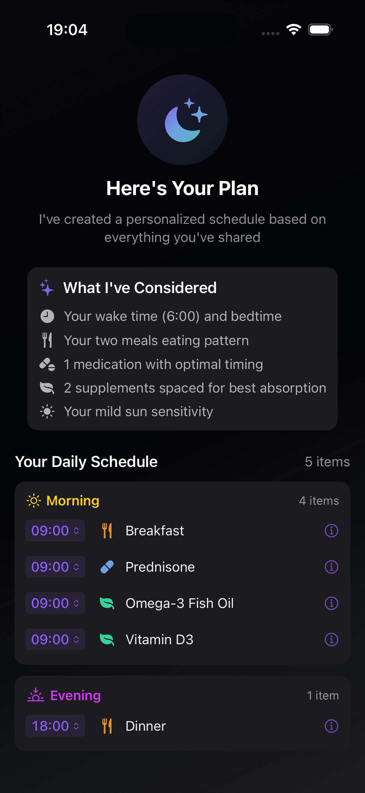 Personalized daily plan with optimized medication timing