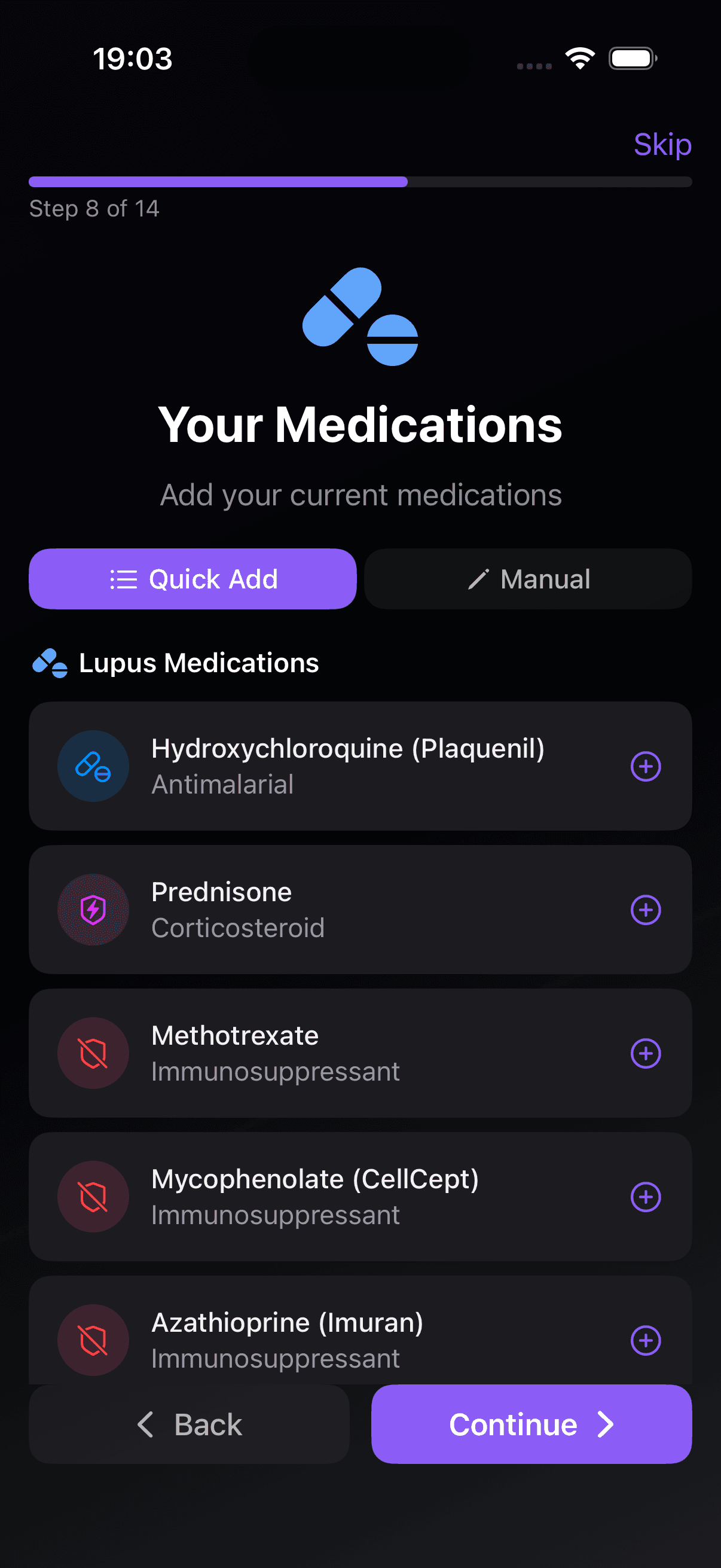Lupus medication management with quick-add