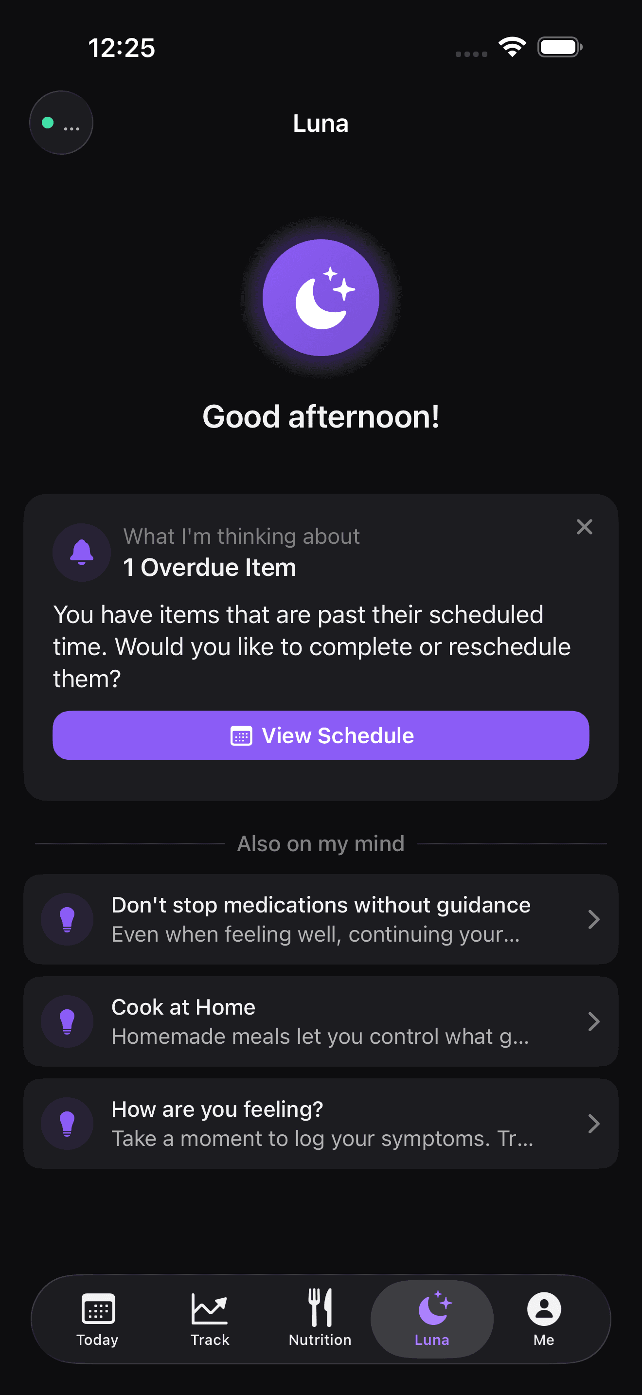 Luna AI companion with personalized health insights and tips