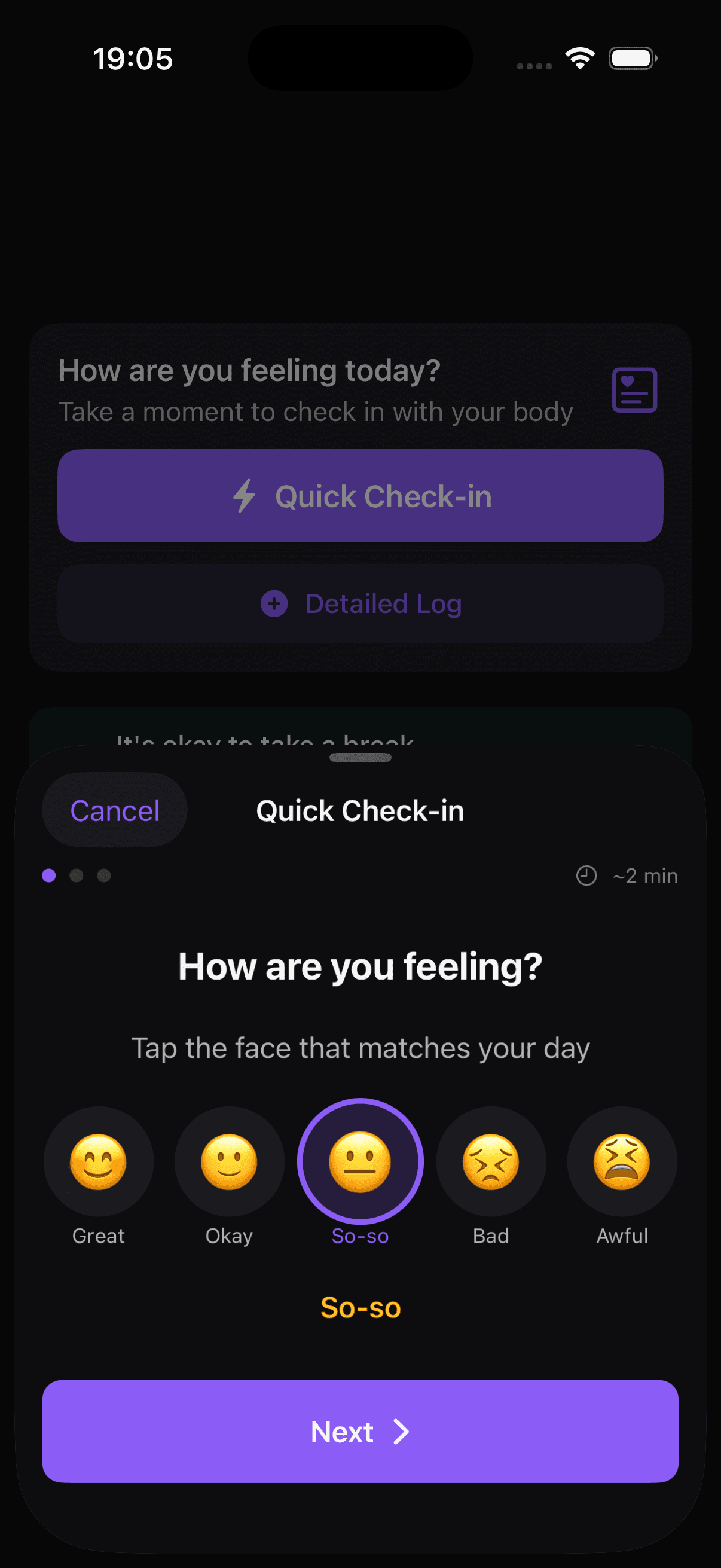 Quick symptom check-in with mood tracking