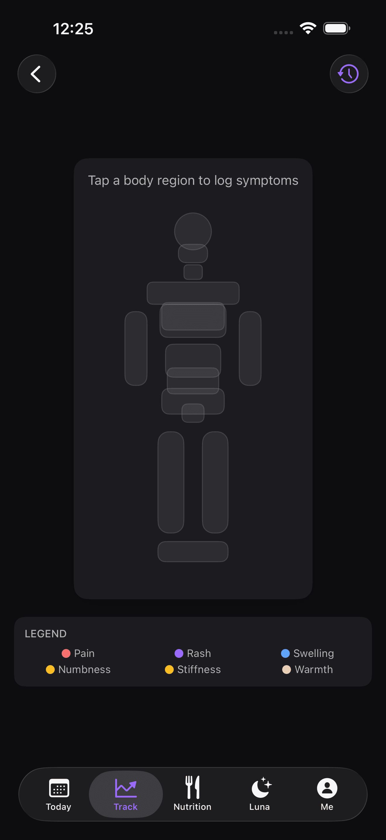 Interactive body map with tappable zones for pain, rash, and swelling tracking